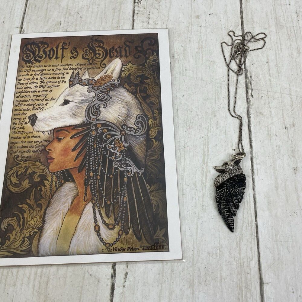 Starborn Carved Fossil Palm Wood Winged Wolf 925 Sterling Pendant Necklace